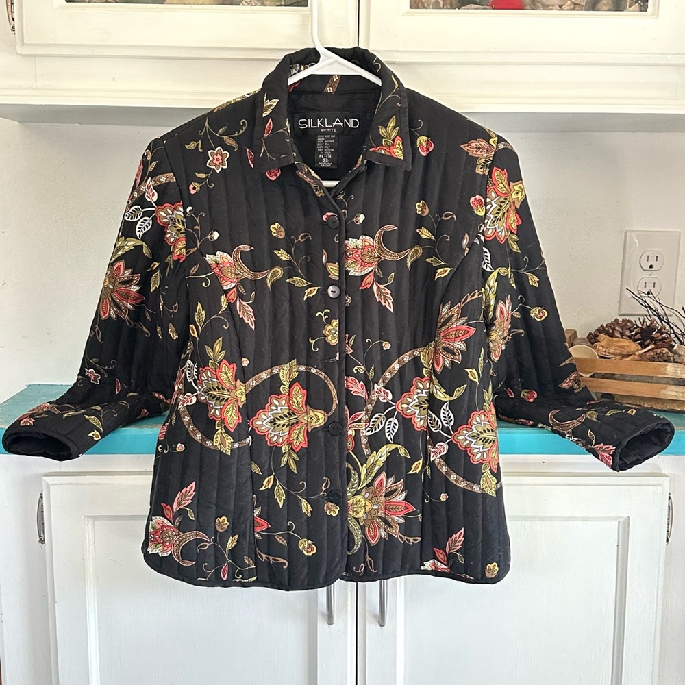Quilted Silk Artisan Jacket Small Petite Black Floral Coat Boho Quiet Luxury